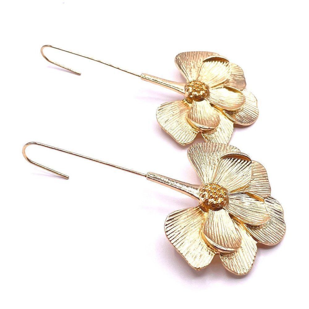 Long Yellow Gold Detailed Flower Hook Dangling Earrings
